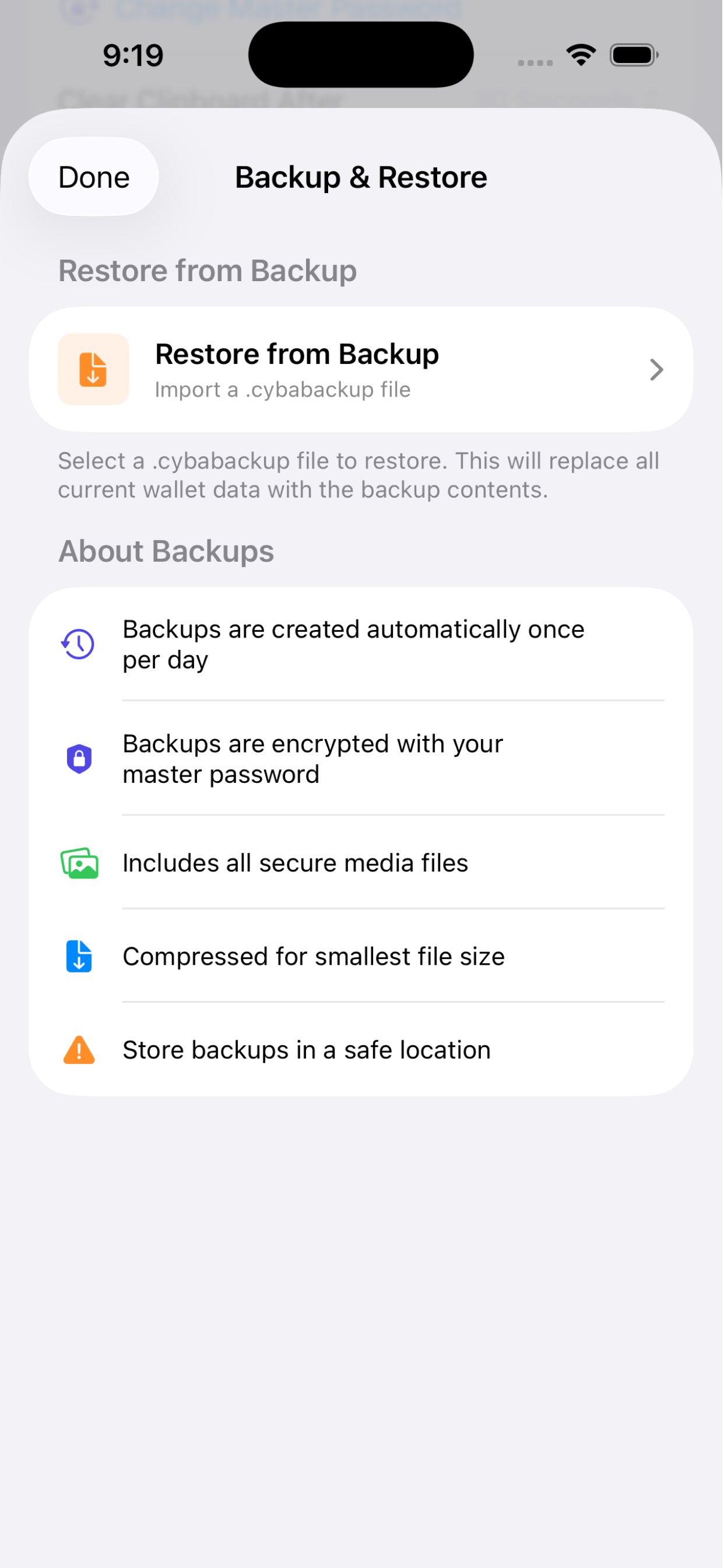 Backup & restore screen