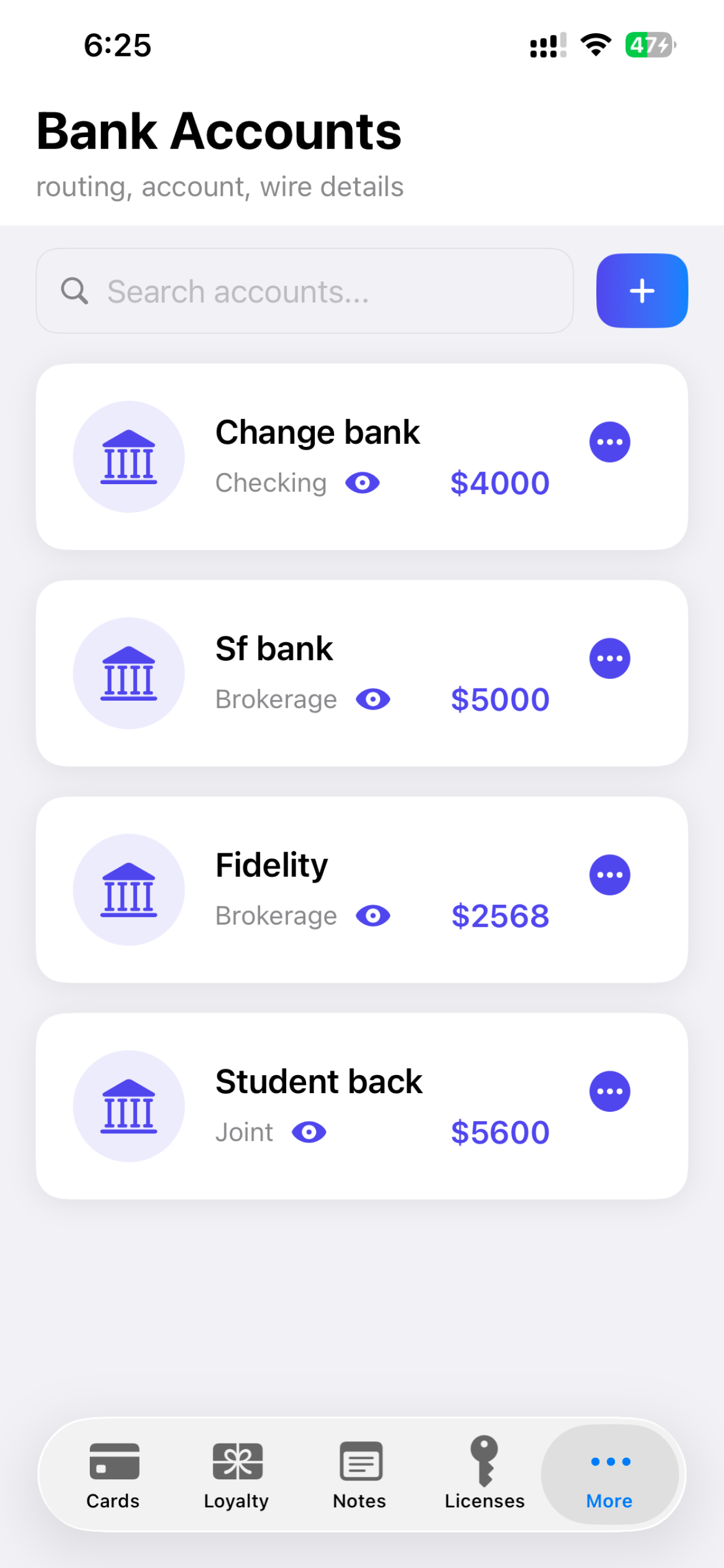 Bank accounts list