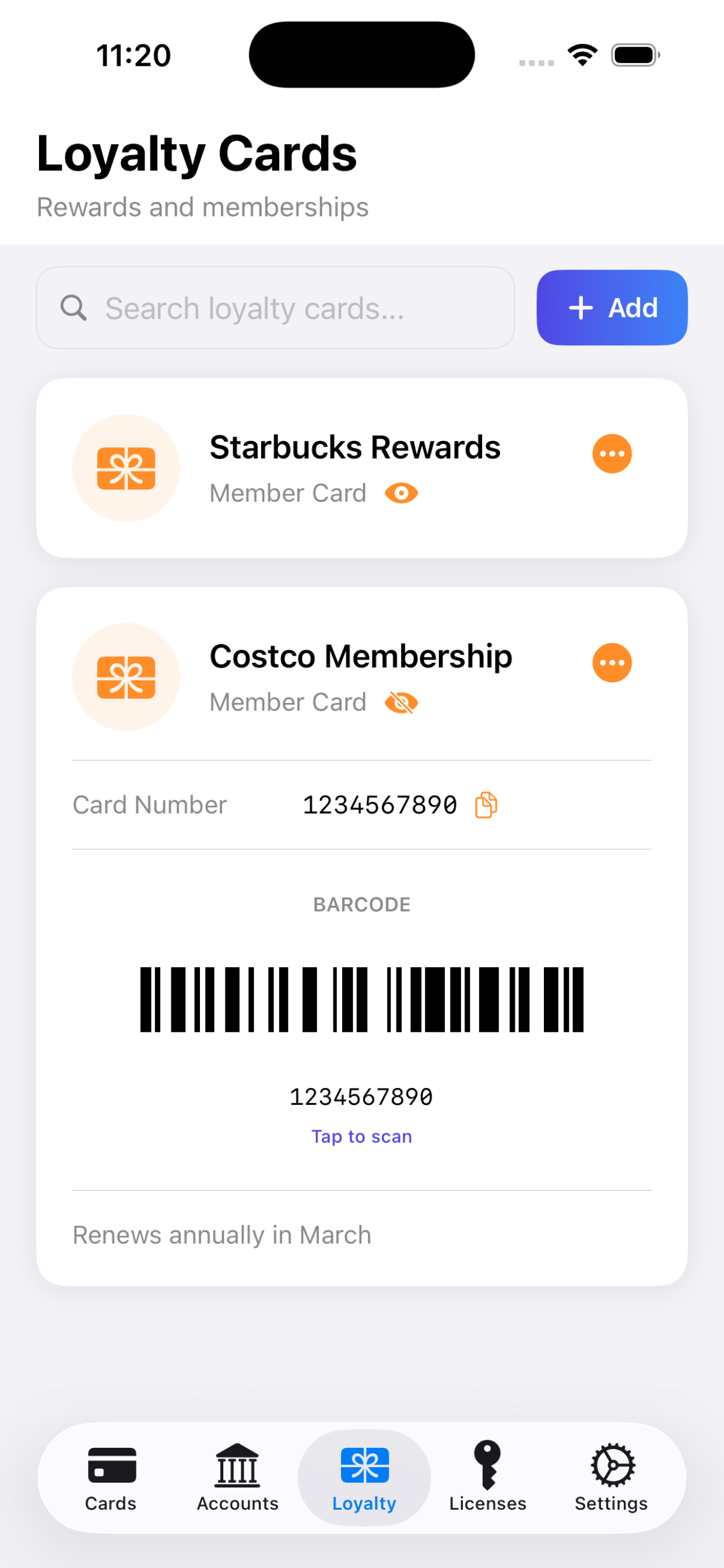 Loyalty cards list