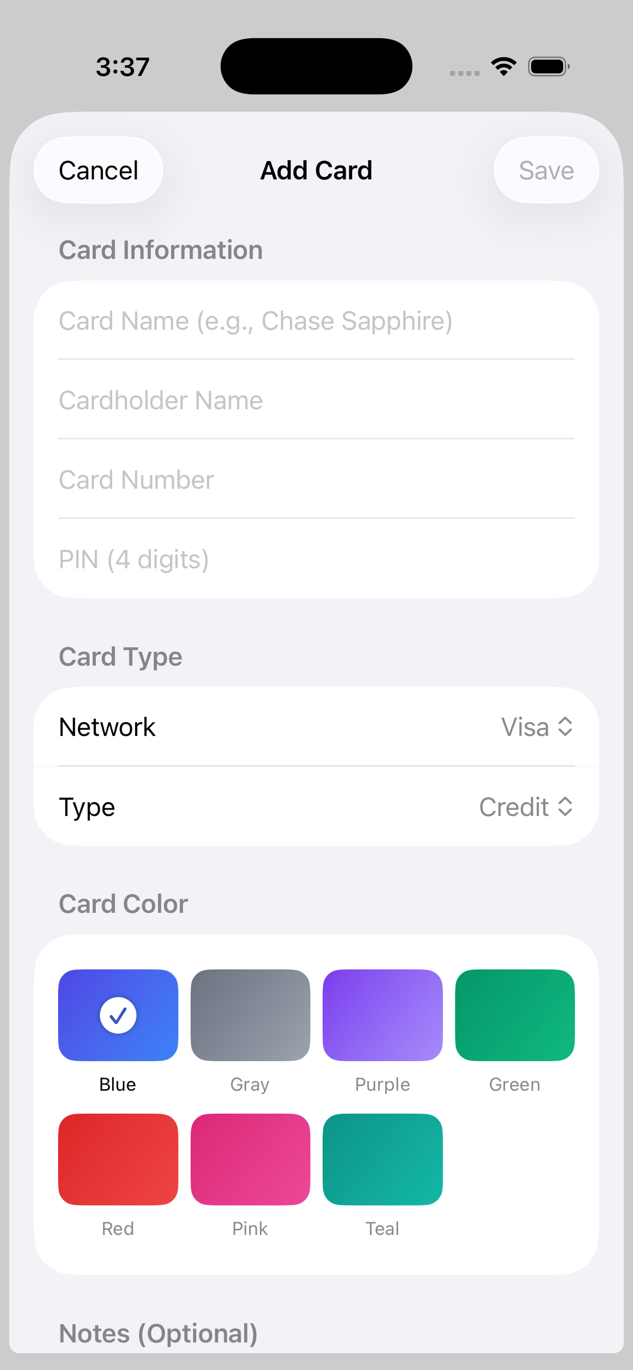 Add card form
