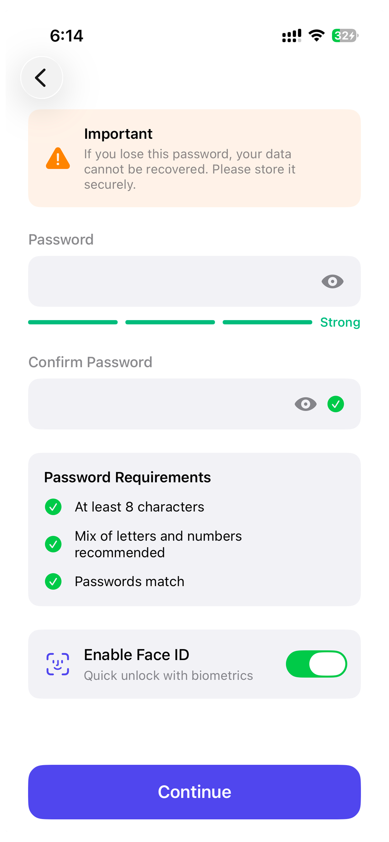 Create master password screen