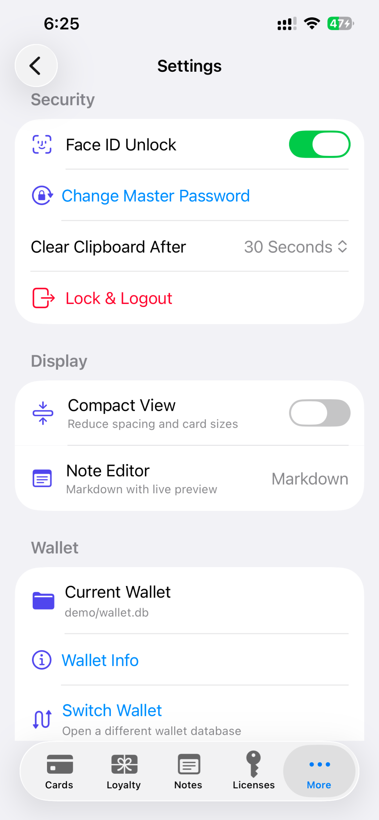 Settings screen